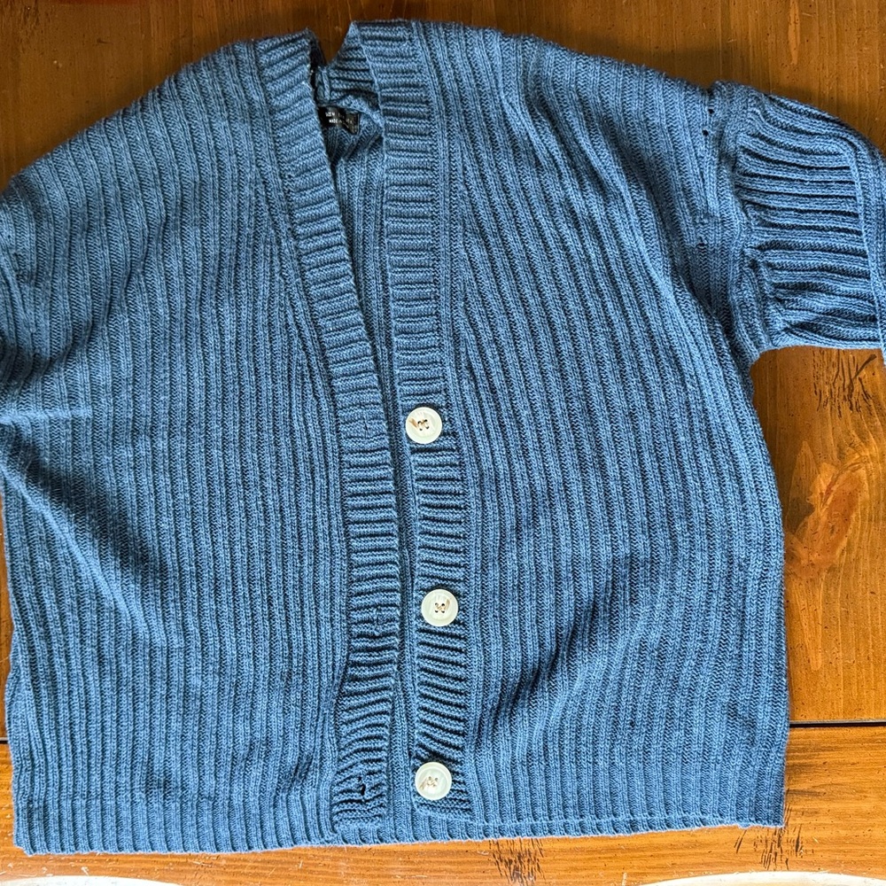 Blue Ribbed-Knit Drop Shoulder Cardigan
